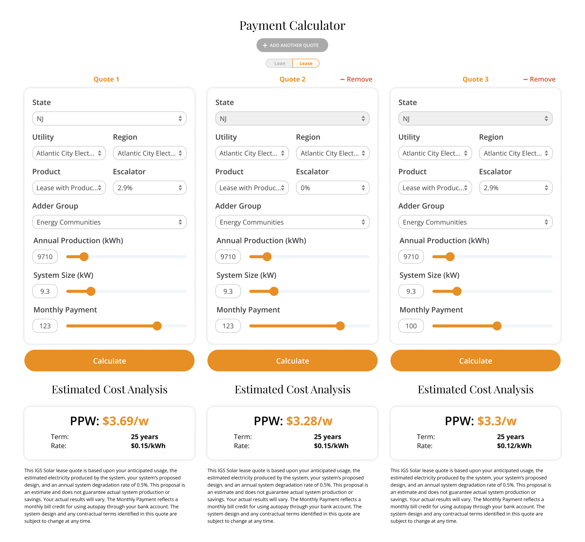 Visualizing how homeowners can compare up to three quotes at once with our solar lease calculator