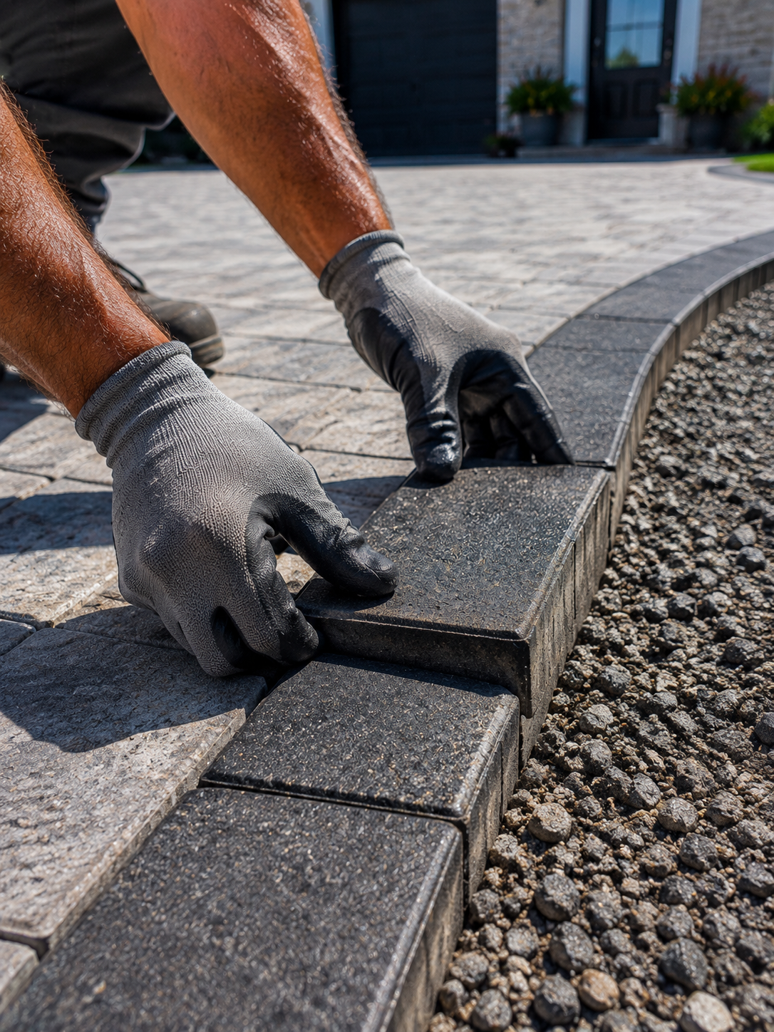 contractor installing pavers on a driveway
