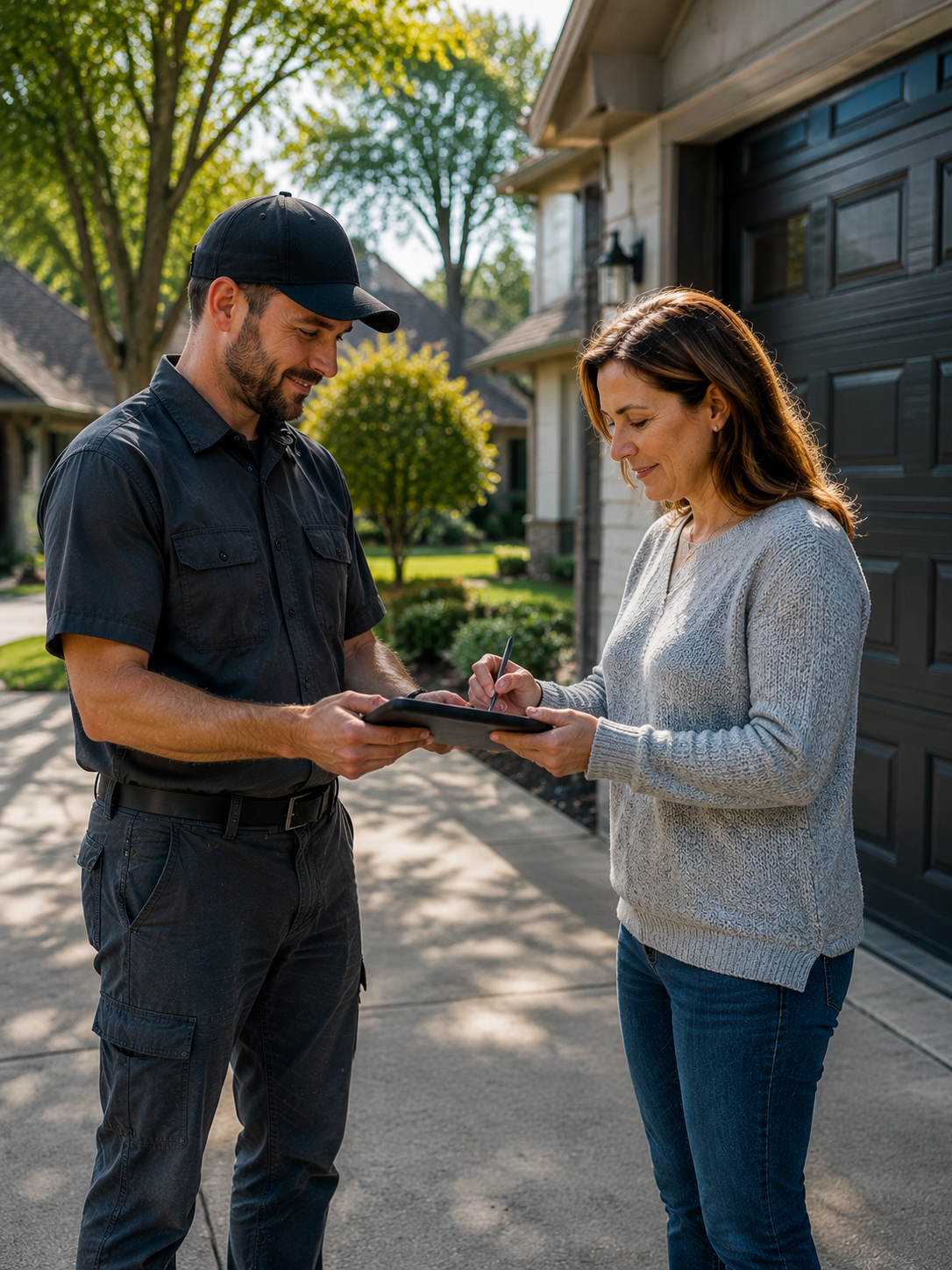 garage door technician reviewing financing with homeowner