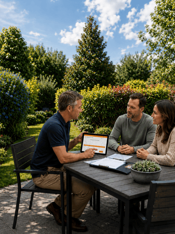 contractor reviewing financing options with homeowners at an outdoor table